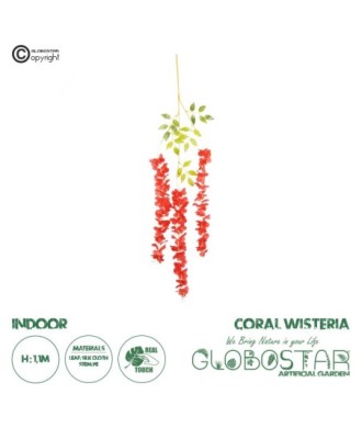 GloboStar® 09033 Τεχνητό Κρεμαστό Διακοσμητικό Φυτό Μήκους 1.1 μέτρων με 3 X Κλαδιά Βιστέρια Κοραλί